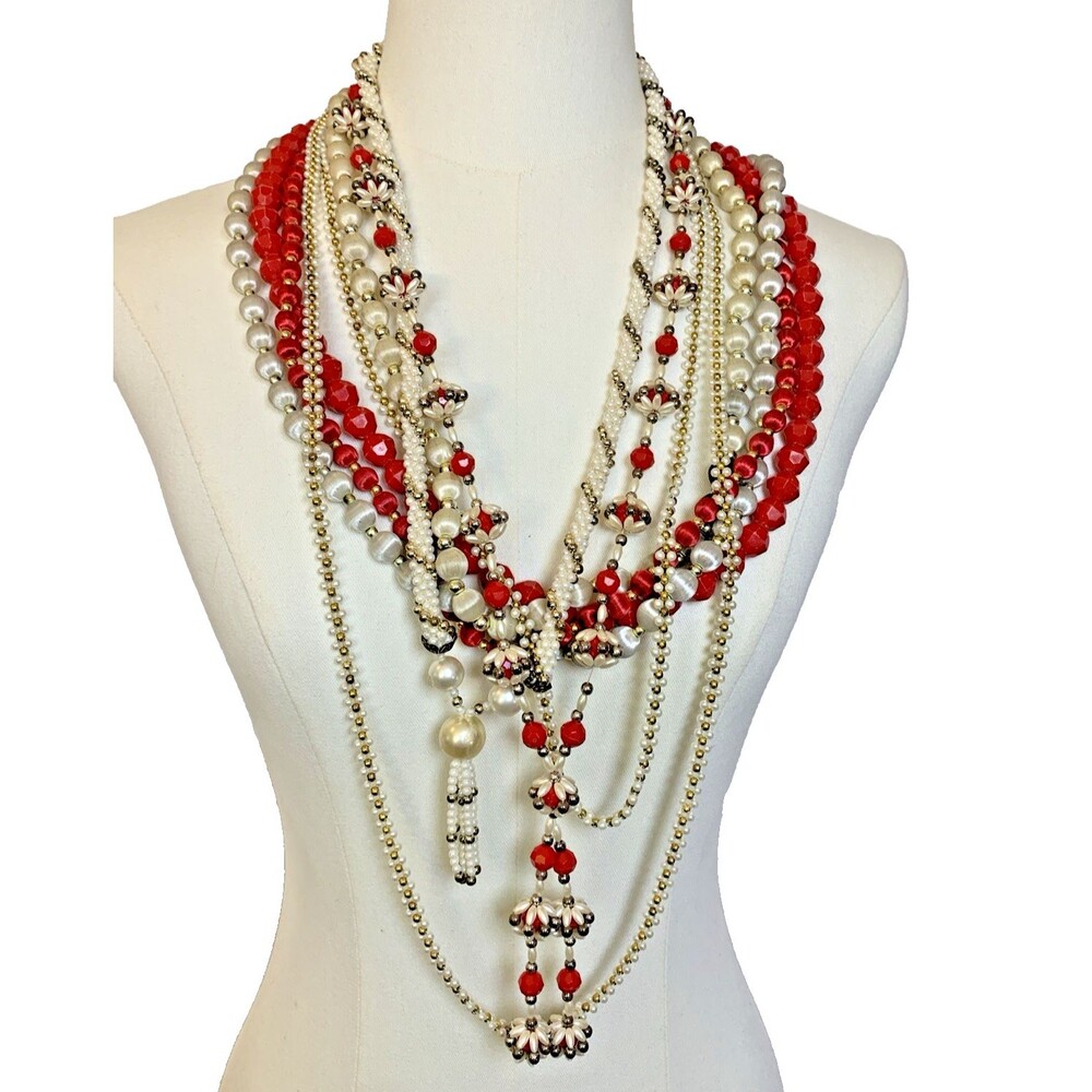 Vintage Red White Beaded Necklace Lot Retro Layering Faux Pearl 8pc